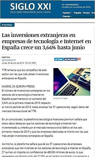 Las inversiones extranjeras en empresas de tecnologa e Internet en Espaa crece un 3,64% hasta junio